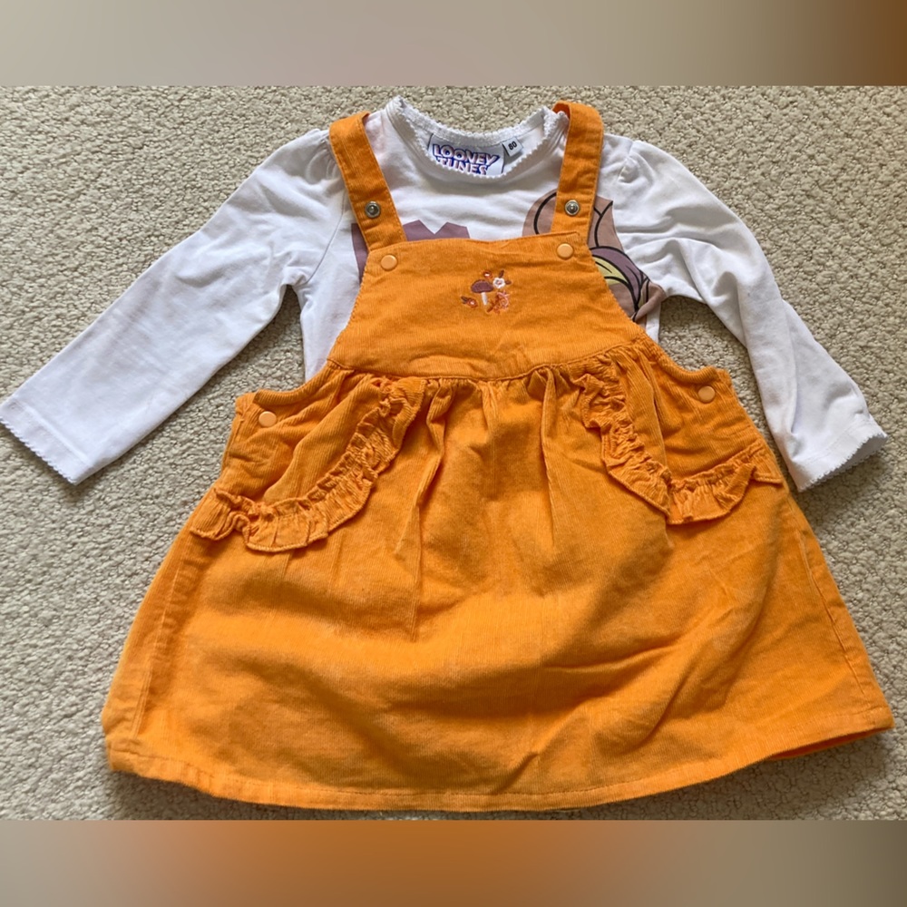 Baby girl 3 piece set orange corduroy suspender skirt and 2 white onseies